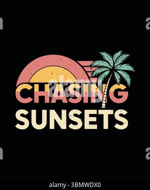 Design graphique de style rétro de chasse aux couchers de soleil avec palmier et coucher de soleil. Illustration de Vecteur