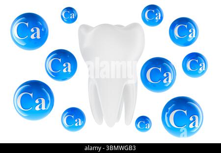 Dent molaire avec sphères calciques. Protection calcique pour les dents. Concept de résistance dentaire. Rendu 3D isolé sur fond blanc Banque D'Images