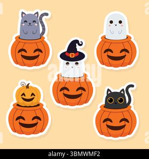 Ensemble d'autocollants Halloween. Illustration vectorielle dans un style plat. Illustration de Vecteur
