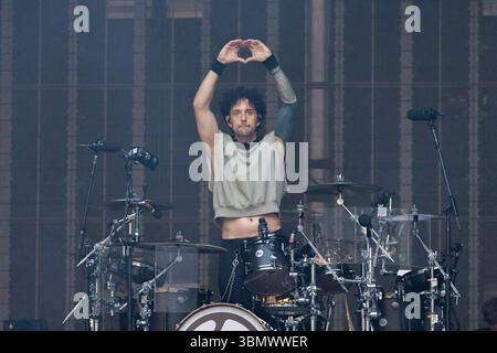 Londres, Royaume-Uni. 28 juin 2025. Colin Brittain du groupe de rock américain Linkin Park se produit au stade de Wembley dans le cadre de la tournée From Zero World Tour du groupe. Crédit : Katie Collins/EMPICS/Alamy Live News Banque D'Images