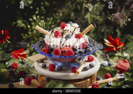 Crème glacée sundae avec crème, framboises, bleuets, sirop de chocolat et gaufrette, entouré de feuilles et de fleurs Banque D'Images