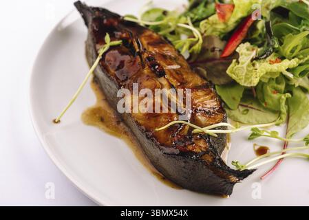 Nature morte, saumon poêlé dans une sauce teriyaki sur assiette Banque D'Images