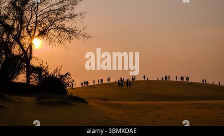 Touristes marchant sur les dunes de sable pendant le coucher de soleil doré à Mui ne, Vietnam, avec des silhouettes d'arbres et la lumière douce du désert Banque D'Images