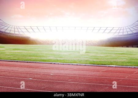 La piste de course en caoutchouc rouge et le champ vert apparaissent dans le stade de conception plate sous le ciel du lever du soleil Banque D'Images