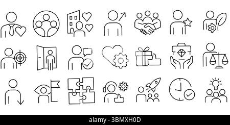 Collection d'icônes de développement personnel et de leadership. Travail d'équipe, motivation, définition d'objectifs, reconnaissance et innovation. Icônes d'aperçu modifiables pour les activités, le coaching et les RH. Illustration de Vecteur
