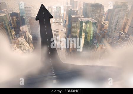 La route asphaltée avec la ligne blanche pointillée s'élève à travers la brume au-dessus des gratte-ciels brumeux, design plat Banque D'Images