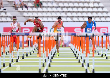 Jakub Szymanski de Pologne 5ème place, Jason Joseph de Suisse 1ère place, Enrique Llopis d'Espagne 4ème place, Lorenzo Ndele Simonelli d'Italie 2ème place, Menâ 110m haies final Heat A lors des Championnats d'Europe d'athlétisme par équipe 2025, Division 1, le 28 juin 2025 au Palacio Real de Madrid, Espagne Banque D'Images