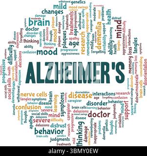 Conception conceptuelle du nuage de mots de la maladie d'Alzheimer isolé sur fond blanc. Illustration de Vecteur