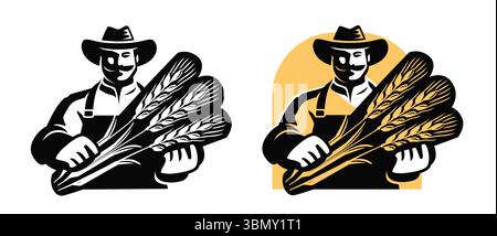 Agriculteur avec gerbe d'emblème de blé. Ouvrier agricole en chapeau récoltant des récoltes dans les champs agricoles Illustration de Vecteur
