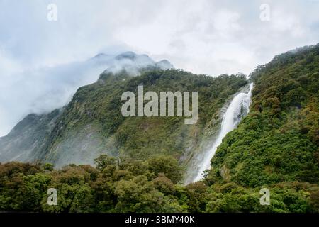 Lady Bowen Falls. Forêt de rata du sud fleurissant avec des fleurs rouges. Milford Sound. Parc national de Fiordland. Île du Sud. Banque D'Images