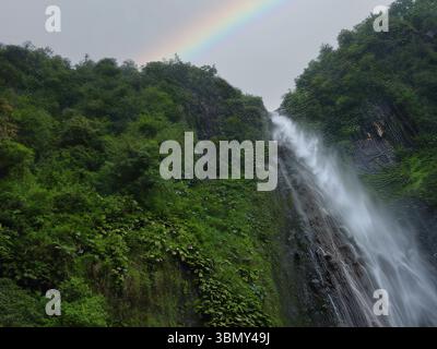 Cascade majestueuse descendant la jungle luxuriante avec arc-en-ciel au-dessus Banque D'Images