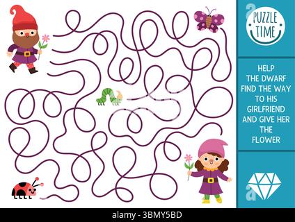 Labyrinthe nain pour les enfants avec elfe mignon, papillon, coccinelle. Activité imprimable préscolaire de conte de fées. Jeu de labyrinthe de fantaisie de bois, puzzle. Aidez gnome aileron Illustration de Vecteur