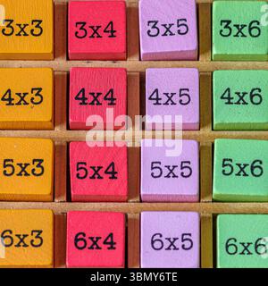 table de multiplication en bois coloré, concept de jouet éducatif pour enfants Banque D'Images