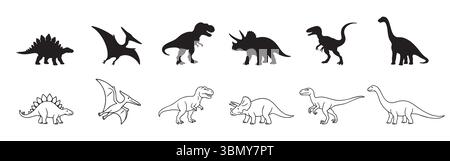 Ensemble de silhouettes noires et de contours de dinosaures dans diverses poses, isolé sur fond blanc, illustration graphique. concept de reptiles anciens, Illustration de Vecteur