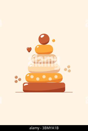 Un ensemble de jouets mignons pour enfants et d'éléments peints dans des couleurs bohème. Le paquet contient des hochets de bébé, pyramide, voiture, sucette, dinosaure et cubes. Illustration de Vecteur