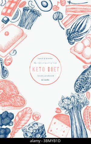 Modèle de conception Keto Diet. Bannière de nourriture saine dessinée par vecteur à la main. Illustration du menu cétogène de style vintage. Illustration de Vecteur