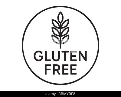 Icône sans gluten de contour noir avec pointe de blé en cercle, isolé sur fond blanc, illustration graphique. concept d'étiquette alimentaire, symbole diététique, Illustration de Vecteur