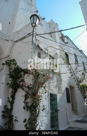 Ruelle caractéristique dans la belle ville d'Ostuni, également appelée la ville Blanche. Salento, province de Brindisi, Italie Banque D'Images
