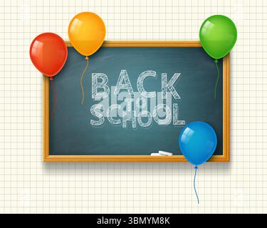 Salut de retour à l'école écrit à la craie sur le conseil scolaire vert avec cadre en bois décoré de ballons à air festifs. Illustration vectorielle 3D. Illustration de Vecteur