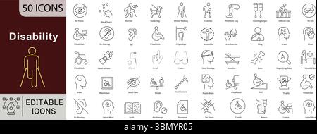 Jeu d'icônes de ligne handicap - 50 symboles vectoriels modifiables pour les projets de conception de soutien de soins de santé inclusifs Illustration de Vecteur
