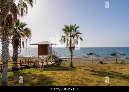 Vue panoramique de la tour de sauveteur en bois surplombant la mer Méditerranée calme, magnifiquement encadrée par des palmiers sur la plage sereine dans le sud de Chypre. Voyages, Banque D'Images