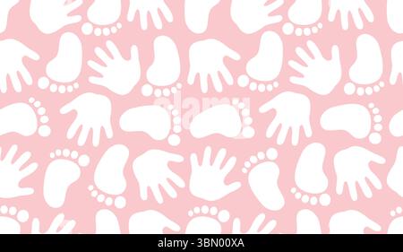 Modèle sans couture de vecteur de bébé fille avec des empreintes de pied de main sur fond rose pour textile de bébé, tissus, cadeaux de douche de bébé Illustration de Vecteur