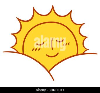 Sunrise doodle, joli dessin animé lever soleil avec visage souriant. Illustration vectorielle simple. Illustration de Vecteur