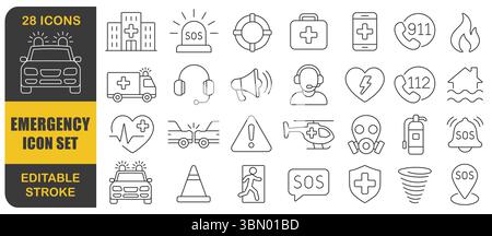 Jeu d'icônes de trait éditables d'urgence. Collection d'icônes de ligne d'urgence minime et simple. SOS connexe, sécurité, alarme, ambulance, avertissement hospitalier. Illustration de Vecteur
