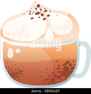 Une tasse de cappuccino garnie de crème fouettée et de poudre de cacao. La boisson est servie dans une tasse en verre transparent Illustration de Vecteur