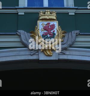 Détail architectural de l'hôtel de ville de Szczecin avec armoiries Banque D'Images