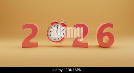 Année 2026 en trois dimensions avec horloge isolée. Concept du nouvel an. illustration 3d. Banque D'Images