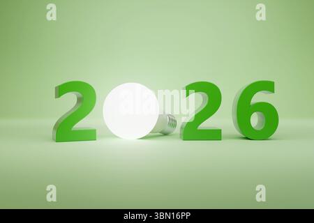 Année 2026 en trois dimensions avec ampoule LED. Concept du nouvel an. illustration 3d. Banque D'Images