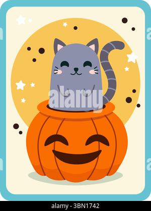 Chat gris et citrouille. Carte d'Halloween. Illustration vectorielle plate. Illustration de Vecteur
