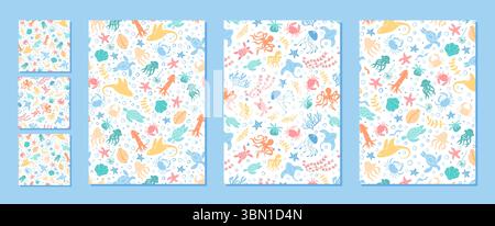 Ensemble de motifs de dessin animé Seamless Marine Life Illustration de Vecteur