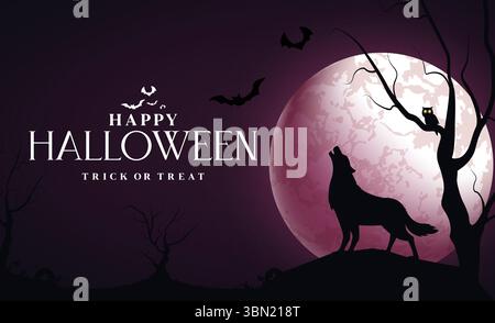 Joyeux Halloween salutation clipart conception de bannière. Halloween trick ou traiter texte clip art pour modèle de carte d'invitation de fête d'horreur avec loup, chauve-souris Illustration de Vecteur