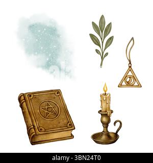 Ensemble d'Un grimoire magique avec un pentagramme sur la couverture, une bougie allumée dans un support, un charme de symbole mystique, et des feuilles. Idéal pour la fantaisie, la sorcellerie, Banque D'Images