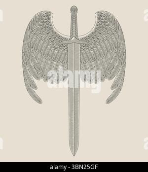 épée antique avec des ailes, illustration de style de dessin de gravure vintage Illustration de Vecteur