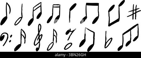 Jeu de notes de musique dessinées à la main. Collection de symboles musicaux griffonnés à la craie. Ensemble de panneaux de musique griffonnés au pinceau de charbon. Pack clés et clés de musique esquissée texturée au crayon. Eléments sonores. Vecteur Illustration de Vecteur