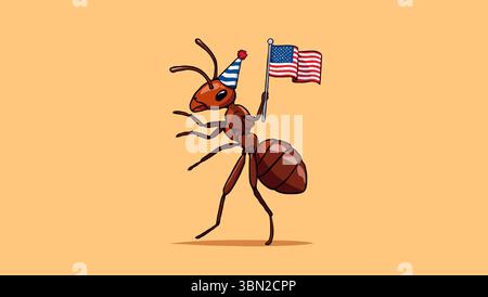 Fourmi de dessin animé portant un chapeau de fête et tenant le drapeau américain sur un fond Uni Illustration de Vecteur