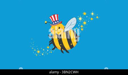 Mignon abeille de dessin animé portant oncle sam chapeau volant avec des étoiles scintillantes et des rayures traînent sur fond bleu Illustration de Vecteur