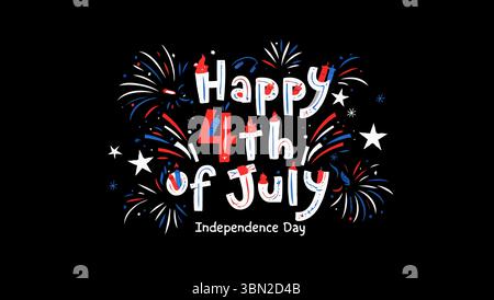 Joyeux quatrième de juillet jour de l'indépendance salutation avec des feux d'artifice et des étoiles sur fond noir Illustration de Vecteur