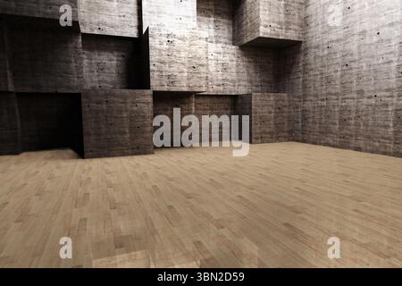 Espace intérieur géométrique vacant montrant le rendu 3D des murs en blocs de béton et du plancher en bois poli Banque D'Images