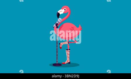 Flamant rose fantaisiste portant des bottes rayées se tient sur une jambe tenant un microphone sur un support décoré d'étoiles Illustration de Vecteur