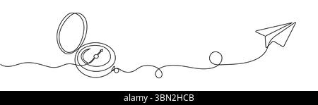 Compas voyageur et plan papier dans un dessin au trait continu. Guide de carte et nouveau symbole d'aventure dans un style linéaire simple. Concept de stratégie commerciale Illustration de Vecteur