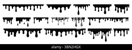 Jeu de textures noires fondantes. Gouttes éclaboussures et coups de pinceau goutte à goutte avec taches et fuites, icônes de pinceau de liquide sale. Ensemble isolé de vecteur. bo différent Illustration de Vecteur