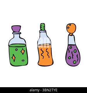 Trois bouteilles colorées différentes de potion magique. Illustration de Vecteur