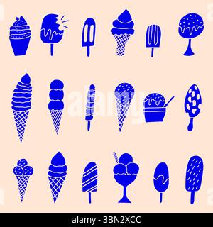 Icônes de silhouette de crème glacée dessinées à la main isolées. Cônes de crème glacée, popsicle, sundae et barres collection de silhouettes vectorielles, Blue doodle Set Illustration de Vecteur