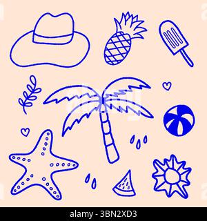 Éléments de plage d'été dans l'illustration vectorielle de style doodle, éléments de vacances d'été avec parasol et soleil, ensemble mignon d'illustration de vacances, doodle Illustration de Vecteur