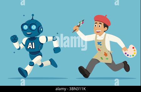 Joyeux artiste court après un robot IA souriant. Illustration vectorielle amusante de style de dessin animé. Poursuite créative entre imagination humaine et intelligen artificiel Illustration de Vecteur