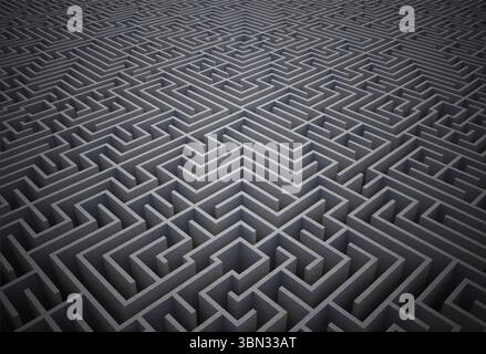 De grands murs de labyrinthe en béton tridimensionnel s'étirent le long de la grille de couloir en rendu 3D. Banque D'Images